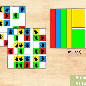Puede incluir: Hojas de juego educativas coloridas con huellas de manos y pies en cuadrados rojos, verdes, azules y amarillos. La imagen tambi&eacute;n muestra una pila de hojas rectangulares coloridas y el texto "(2 Sizes)" y "9 PAGES US LETTER".
