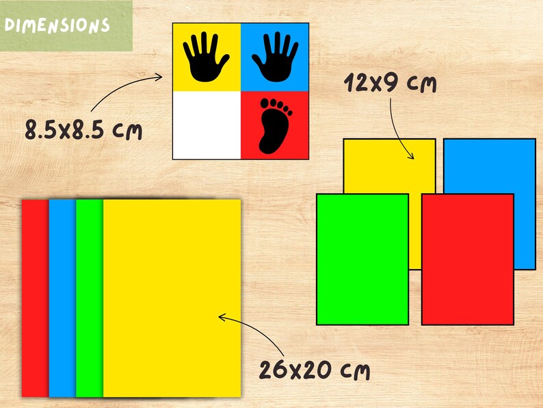 Puede incluir: Piezas de juego educativas coloridas. Incluye cuadrados en rojo, azul, verde y amarillo, con huellas de manos y pies. Las dimensiones son 8,5x8,5 cm, 12x9 cm y 26x20 cm.