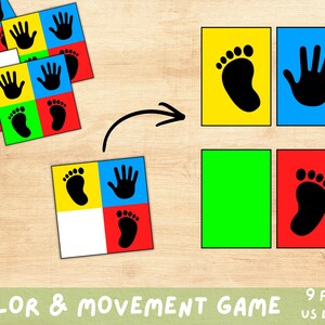 Puede incluir: Un juego educativo colorido con cuadrados con huellas de manos y pies en negro, sobre fondos amarillos, azules, rojos y verdes. El texto "COLOR & MOVEMENT GAME" es visible.