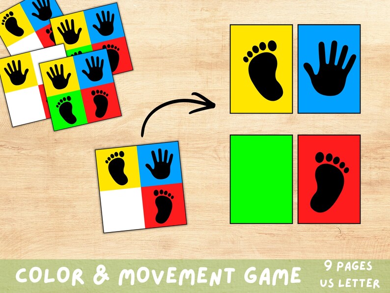 Puede incluir: Un juego educativo colorido con cuadrados con huellas de manos y pies en negro, sobre fondos amarillos, azules, rojos y verdes. El texto "COLOR & MOVEMENT GAME" es visible.