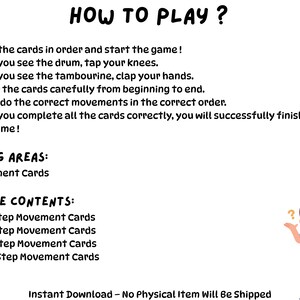 以下が含まれることがあります： ゲームの遊び方の説明書が記載されたデジタルダウンロード。テキストは「遊び方？」と書かれ、その後に説明が続きます。パッケージの内容には、ムーブメントカードが含まれています。疑問符の付いた漫画の男の子も表示されています。