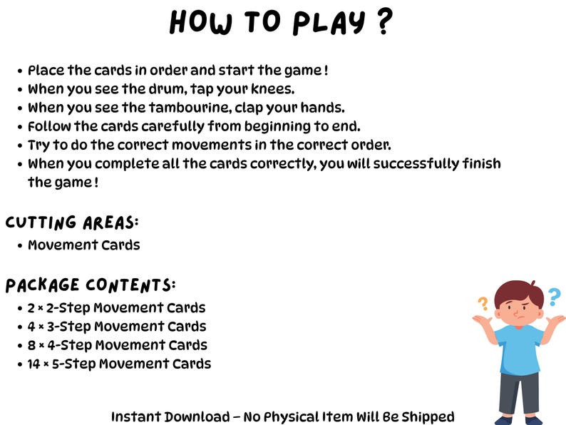 以下が含まれることがあります： ゲームの遊び方の説明書が記載されたデジタルダウンロード。テキストは「遊び方？」と書かれ、その後に説明が続きます。パッケージの内容には、ムーブメントカードが含まれています。疑問符の付いた漫画の男の子も表示されています。