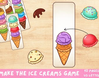 Juego de emparejar helados para niños. Actividad imprimible para clasificar colores y desarrollar la motricidad fina en edad preescolar.