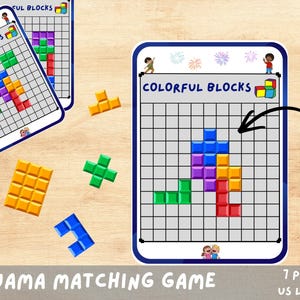 May include: Colorful Blocks pajama matching game cards with various colored block shapes. The cards have a grid pattern and the text "COLORFUL BLOCKS" at the top. The text "PAJAMA MATCHING GAME" is at the bottom.