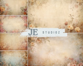 May include: A digital background featuring a vintage floral pattern with a faded, textured look. The background is in shades of beige, brown, and blue with a subtle watercolor effect. The floral pattern includes roses, leaves, and vines. The text "JE STUDIOZ" is visible in the center of the image.