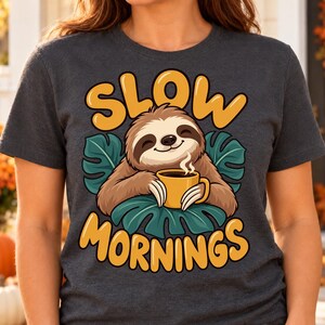 May include: A dark heather grey short-sleeve t-shirt featuring a graphic of a brown sloth holding a yellow coffee mug with steam rising. The text SLOW MORNINGS is printed in large yellow letters above and below the sloth, surrounded by green leaves.
