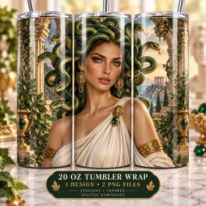 May include: A cylindrical tumbler featuring a graphic print of a figure with green snakes for hair, wearing a white draped garment, gold armbands, and gold earrings. The background depicts stone columns, greenery, and a coastal landscape.