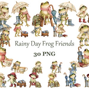 Watercolor Rainy Day Frog Friends Clipart Bundle, 30 Transparent PNGs
