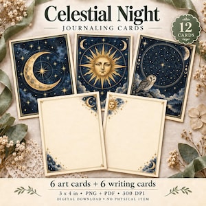 May include: A set of 12 Celestial Night journaling cards featuring three illustrated art cards with moon, sun, and owl designs, plus two writing cards with celestial corner accents. The text reads Celestial Night Journaling Cards, 12 Cards, 6 art cards + 6 writing cards, 3 x 4 in, PNG + PDF, 300 DPI, Digital Download, No Physical Item.