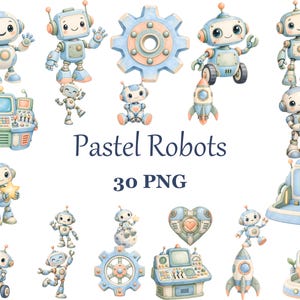Könnte beinhalten: Eine Sammlung digitaler Illustrationen mit pastellfarbenen Robotern, Zahnrädern, Bedienfeldern, Raketen und Herzformen. Der Text Pastel Robots 30 PNG ist mittig zwischen den verschiedenen Charakterdesigns platziert, die alle in sanften Blau- und Pfirsichtönen gehalten sind.