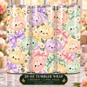 Könnte beinhalten: Ein 20 oz Becher-Wrap mit einem wiederkehrenden Muster aus pastellfarbenen, lächelnden Knödel-Figuren, Gänseblümchen und Schleifen in Rosa, Lila, Grün und Gelb. Das Design enthält den Text 20 OZ TUMBLER WRAP 1 DESIGN 2 PNG FILES.