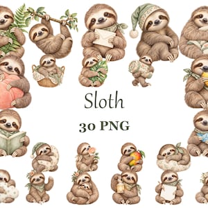 Könnte beinhalten: Eine Sammlung von 30 digitalen Illustrationen mit braunen Faultieren in verschiedenen Posen, die Blumen, Früchte, Bücher, Umschläge und Kissen halten, mit dem Text Sloth 30 PNG zentriert zwischen den einzelnen Faultiergrafiken.