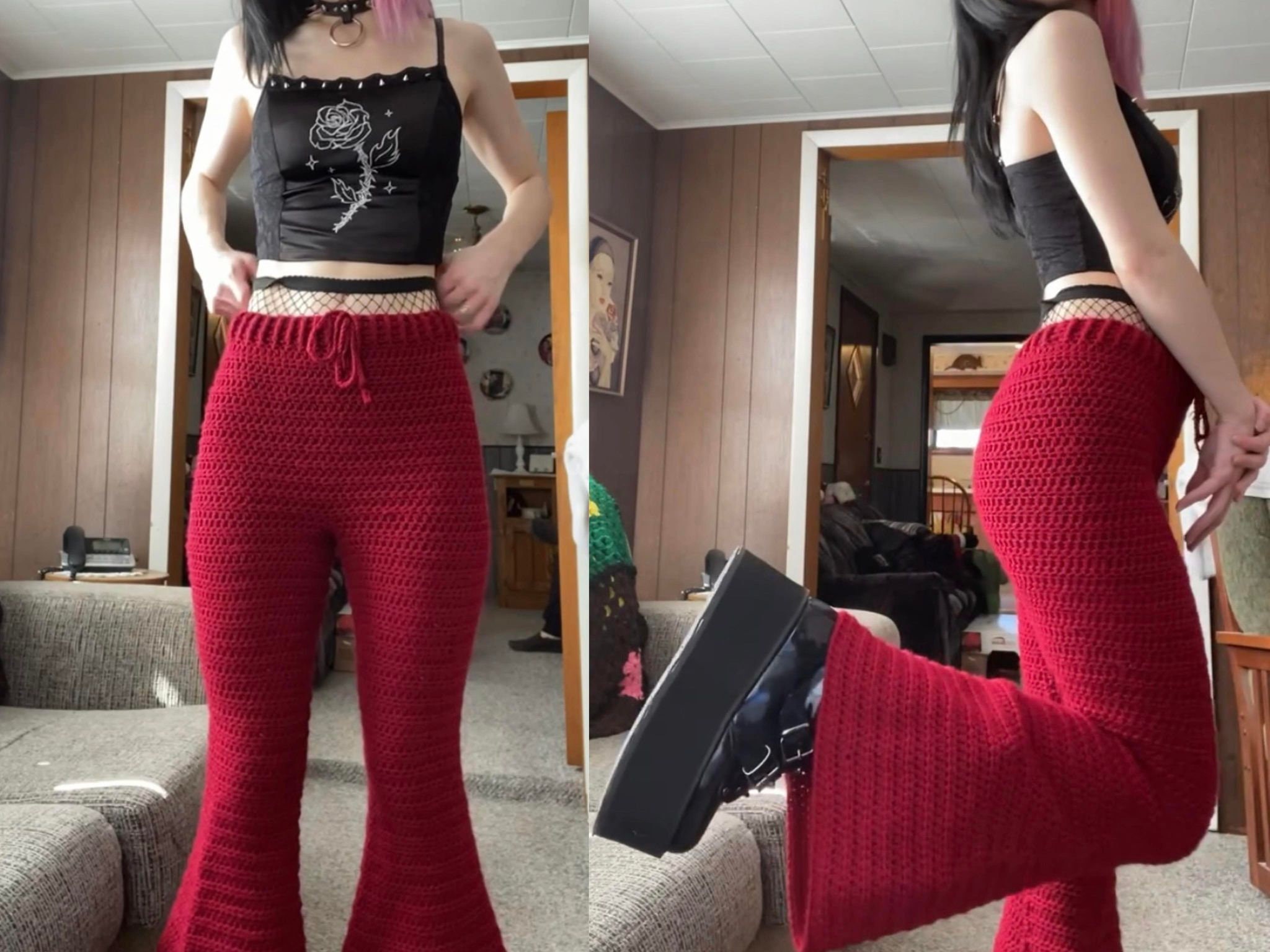 Black Lace Up Bell Bottoms, Goth Flare Pant, Goth Bell Bottoms