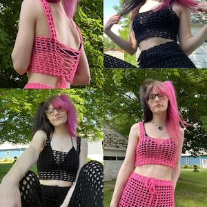 May include: Two women wearing crocheted tops and matching pants. One woman is wearing a pink crochet top and pants, while the other woman is wearing a black crochet top and pants.