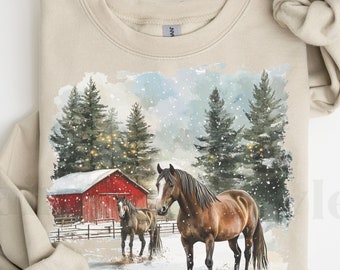 Vintage Christmas Horse Crewneck Sweatshirt, Unisex Nineties Horse Sweater, Equestrian Gift, Winter Wildlife Equine Shirt Horse Trainer Gift