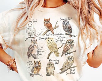 Vintage Owl T-shirt, Retro Unisex Nineties Owls Crewneck, Wildlife Tee Shirts, Birding Shirt,  Apparel Gifts Bird Watcher Lover T-shirts
