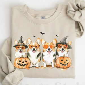 May include: A tan sweatshirt with a graphic of four corgis wearing witch hats and sunglasses. The corgis are holding pumpkins with jack-o-lantern faces. The text 'sand' is visible in the bottom left corner of the image.