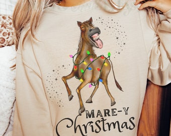 Funny Christmas Horse Sweatshirt, Horse Mom Crewneck, Equestrian Shirt, Equine Sweater, Gifts For Horse Show, Midwest Cowboy Shirt Yeehaw