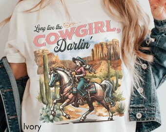 Long Live The Cowgirl Darlin' T-Shirt, Vintage Girly Cowgirl Tshirt, Retro Pink Country Shirt, Boho Boots And Bows Western Shirt, Desert Tee