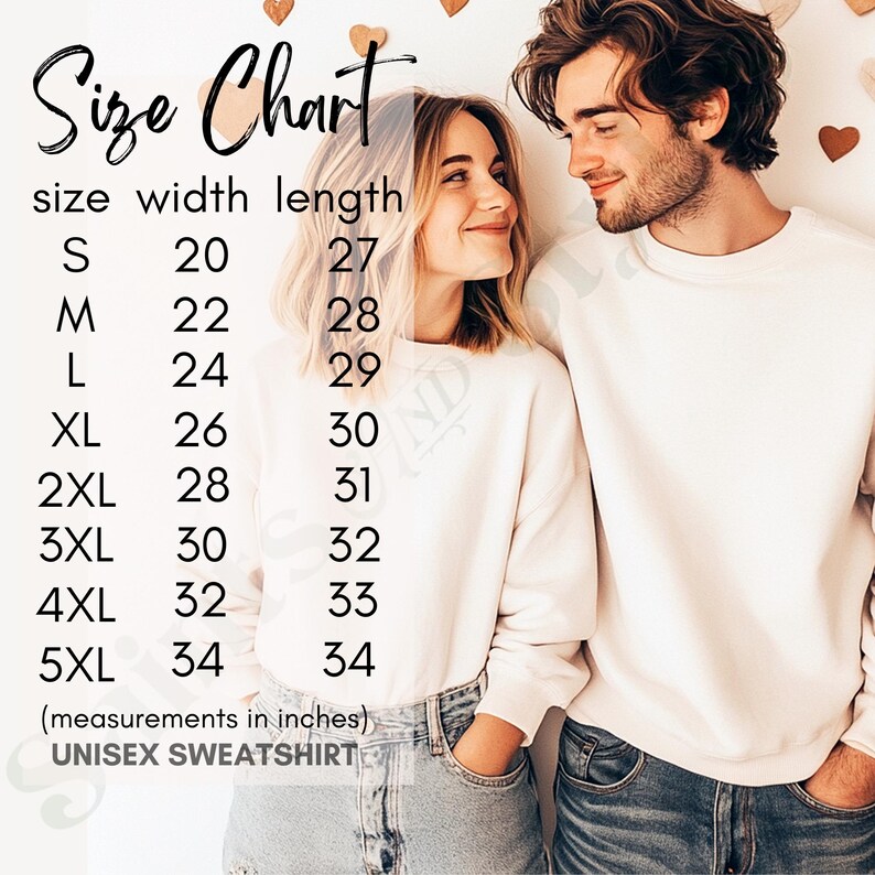 May include: Size chart for a unisex sweatshirt, showing width and length measurements in inches for sizes S through 5XL.