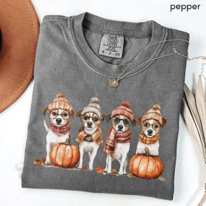 K&ouml;nnte beinhalten: Ein graues Comfort Colors T-Shirt mit einer Grafik von vier Hunden, die H&uuml;te, Brillen und Schals tragen und neben K&uuml;rbissen stehen. Das Wort "pepper" befindet sich in der oberen rechten Ecke. Eine goldene Halskette ist &uuml;ber dem Shirt drapiert.