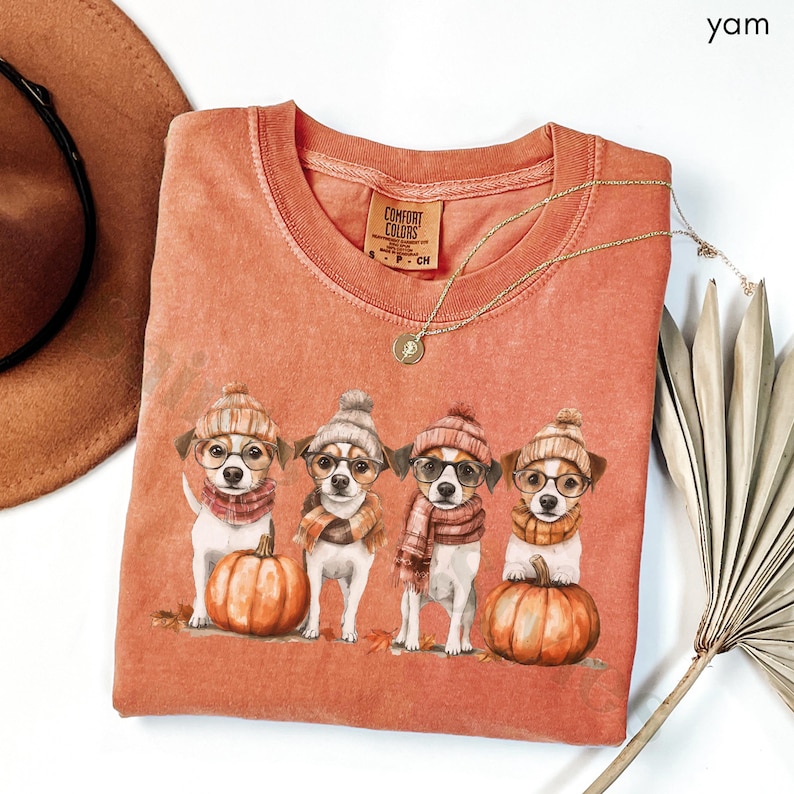 K&ouml;nnte beinhalten: Ein korallenfarbenes Comfort Colors Sweatshirt mit einer Grafik von vier Hunden, die H&uuml;te, Schals und Brillen tragen, jeder mit einem K&uuml;rbis posiert. Das Shirt hat einen Rundhalsausschnitt und ein kleines Etikett mit der Aufschrift "Comfort Colors". Eine goldene Halskette ist &uuml;ber dem Shirt drapiert.