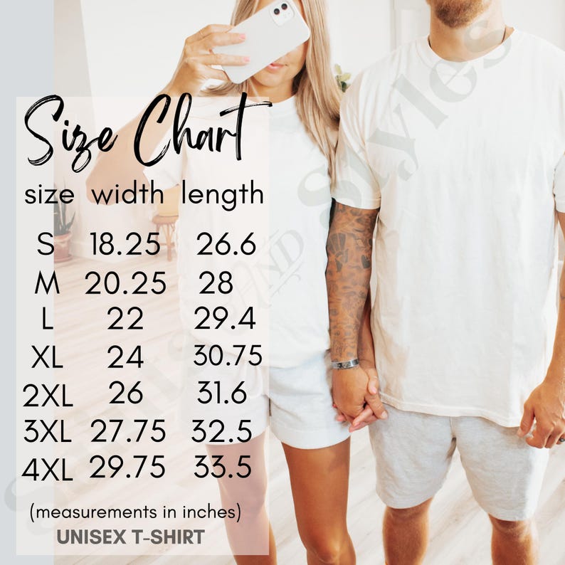 Puede incluir: Tabla de tallas para una camiseta unisex, que muestra las medidas de ancho y largo en pulgadas para las tallas S a 4XL.