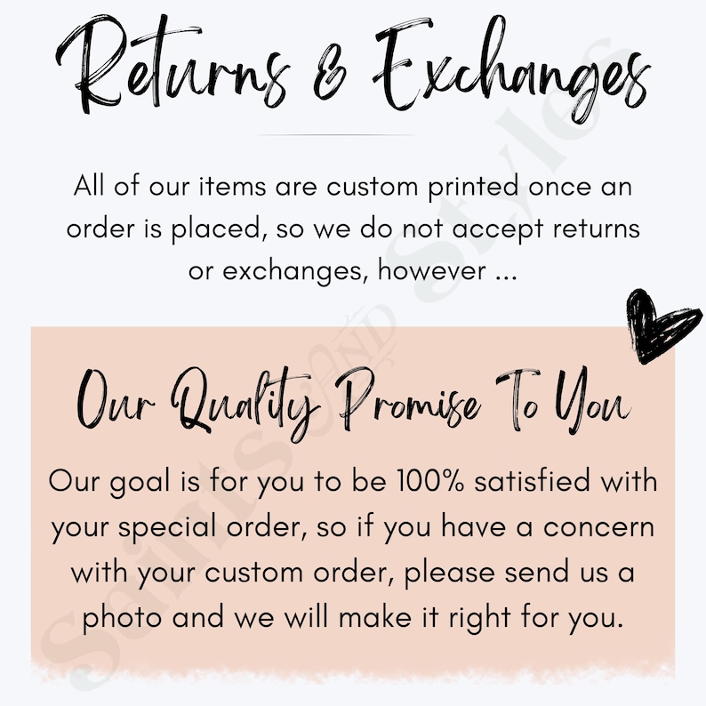 K&ouml;nnte beinhalten: Grafik mit dem Text "Returns & Exchanges" und "Our Quality Promise To You". Der Text erkl&auml;rt die Richtlinien des Shops zu R&uuml;ckgaben und Umtausch sowie das Engagement f&uuml;r die Kundenzufriedenheit. Ein schwarzes Herz befindet sich in der oberen rechten Ecke.
