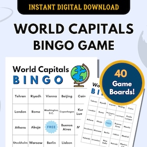 World Capitals Bingo Game Kit, Geography Education, Travel Quiz Game, Classroom Activity (Digital Printable)