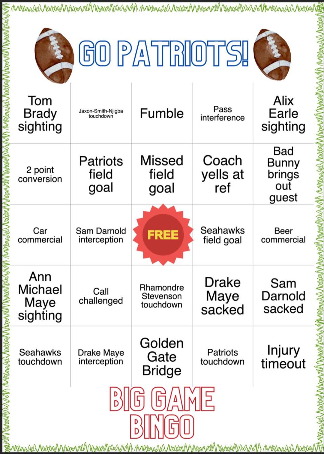 Super Big Bingo Game 2026, Patriots Vs Seahawks (digital File) - Etsy