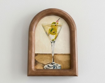 Original Martini Oil Painting, Wooden Framed Cocktail Art, 5x7 Inch