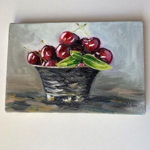 Original Handmade Vibrant Cherry Oil Painting on Canvas – Warm Kitchen & Dining Wall Art 12x8 inch