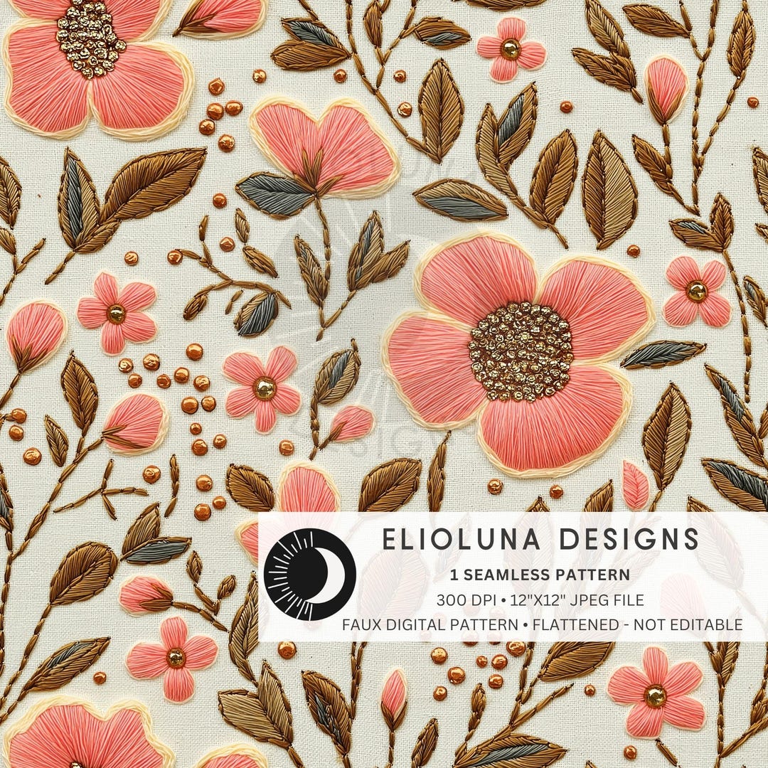 Boho Florals Faux Embroidery Seamless Pattern 3D Floral Digital Paper ...