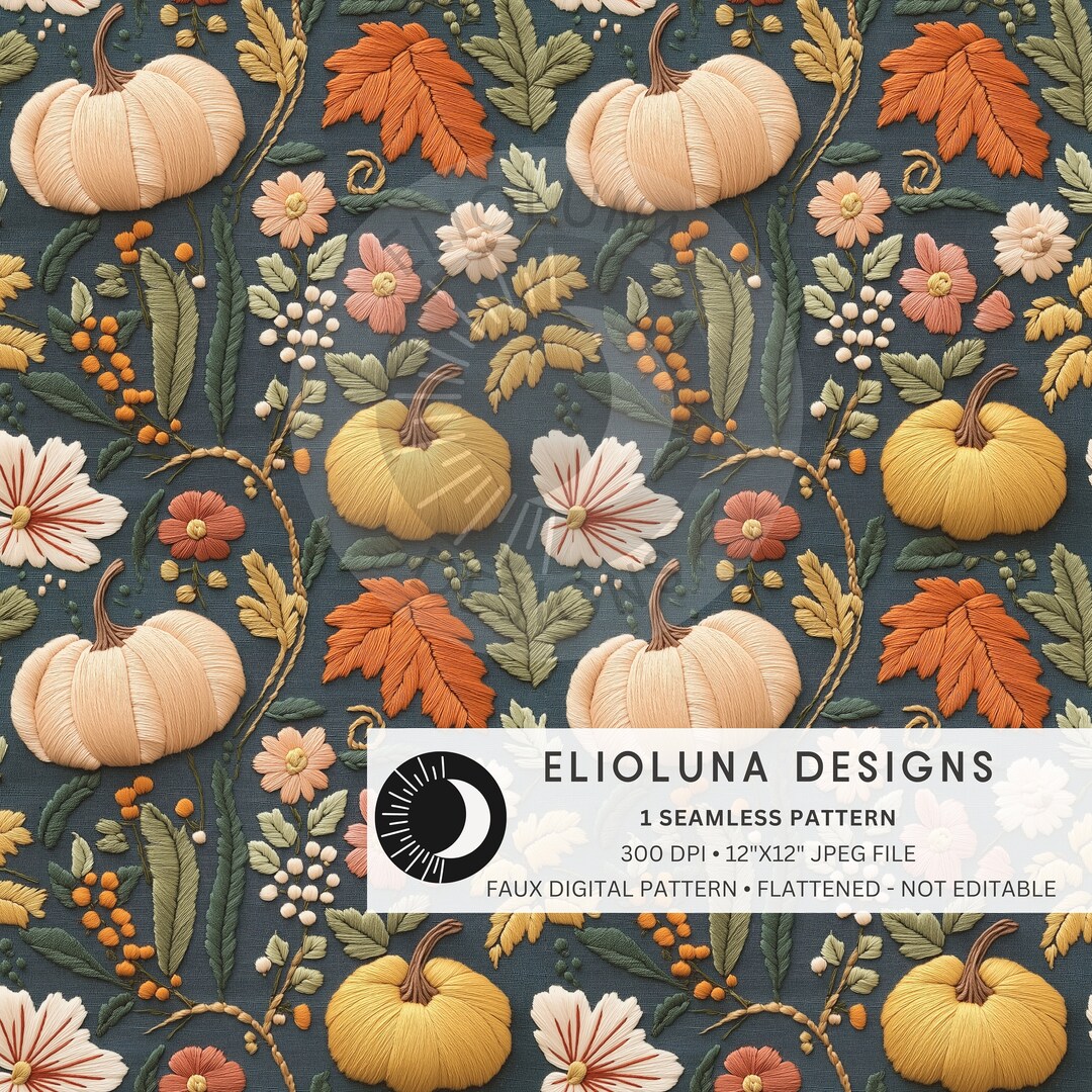 Fall Pumpkins Seamless Pattern 3D Faux Embroidery Pumpkins Digital ...