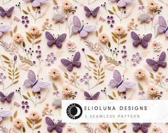 Spring Floral Butterfly Pattern Digital Paper Faux Embroidered Floral Pattern Seamless Digital Printable Art Spring  Print Floral Wallpaper