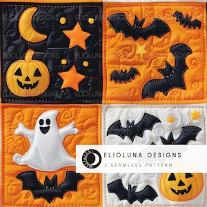 May include: A seamless pattern featuring a variety of Halloween-themed elements, including ghosts, bats, pumpkins, stars, and moons. The pattern is set against a background of orange and black squares.