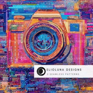 May include: A colorful mosaic pattern of a camera with a large lens. The camera is made up of small squares of different colors, including red, orange, yellow, green, blue, purple, and pink. The pattern is seamless and can be used for a variety of projects, such as fabric, wallpaper, or wrapping paper.