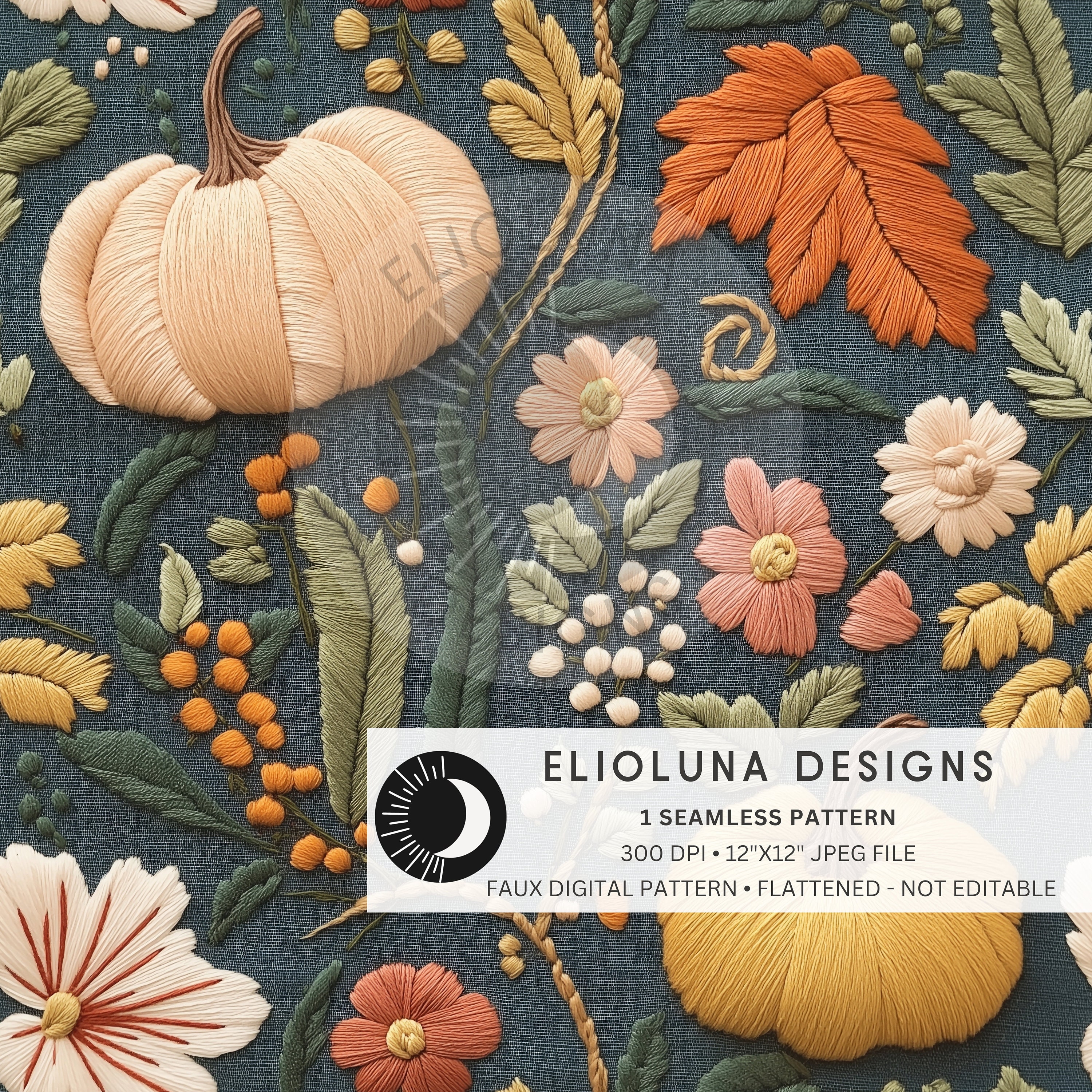 Fall Pumpkins Seamless Pattern 3D Faux Embroidery Pumpkins Digital ...
