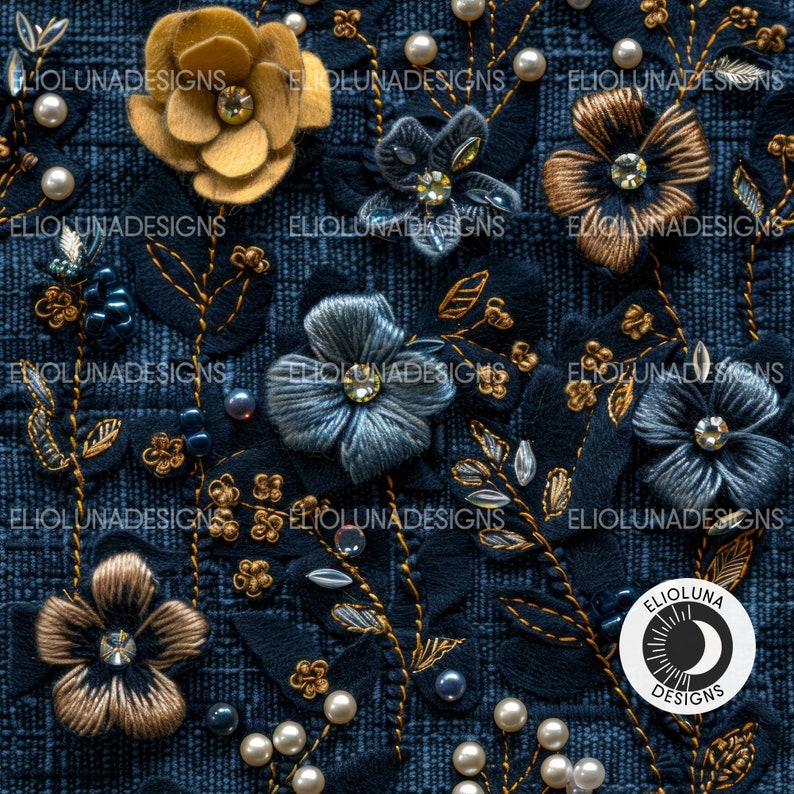 Denim Floral Pattern Digital Paper 3D Faux Embroidery Fall Floral ...