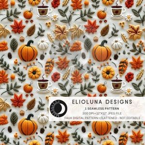 Autumn Seamless Pattern Faux Embroidery Fall Pumpkins Digital Paper Fall Pattern Digital Scrapbook Paper Fall Fabric Sublimation Pattern