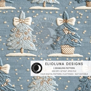 Chinoiserie Christmas Tree and Bows Seamless Pattern Faux Embroidery Xmas Digital Seamless Paper Christmas Pattern Digital Sublimation File