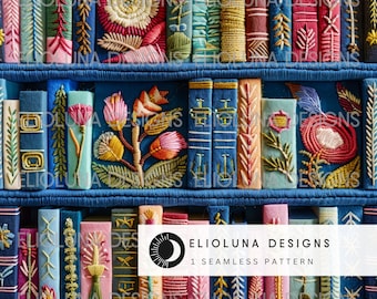 Denim Bookshelf Pattern Floral Bookshelf Seamless Book Pattern Floral Digital Paper 3D Floral Embroidery Book Sublimation Library Scrapbook