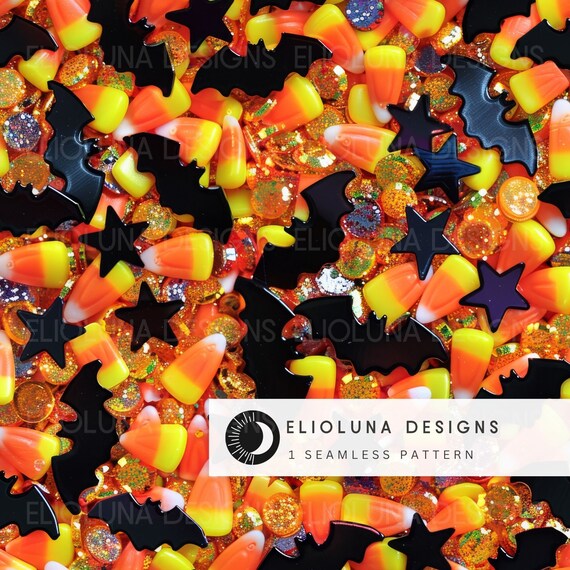 Bats and Candy Corn Pattern Halloween Confetti Sublimation Bats Digital Paper Candy Corn Seamless Stars Surface Design Halloween Wallpaper