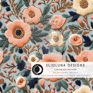 Boho Florals Faux Embroidery Seamless Pattern 3D Floral Digital Paper Floral Pattern Digital Scrapbook Paper Fall Digital Paper Wallpaper
