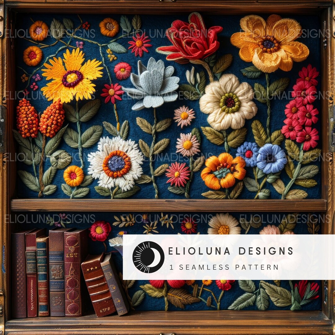 Floral Bookshelf 3D Faux Embroidery Seamless Pattern Fall Floral ...
