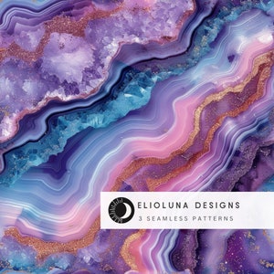 May include: Abstract seamless pattern featuring a swirling agate design in shades of purple, pink, and blue with gold glitter accents. The pattern is perfect for creating unique and stylish designs for home decor, fashion, and more.