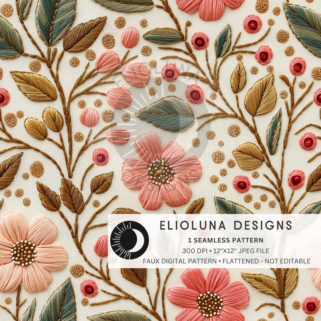 Boho Florals Faux Embroidery Seamless Pattern 3D Floral Digital Paper ...