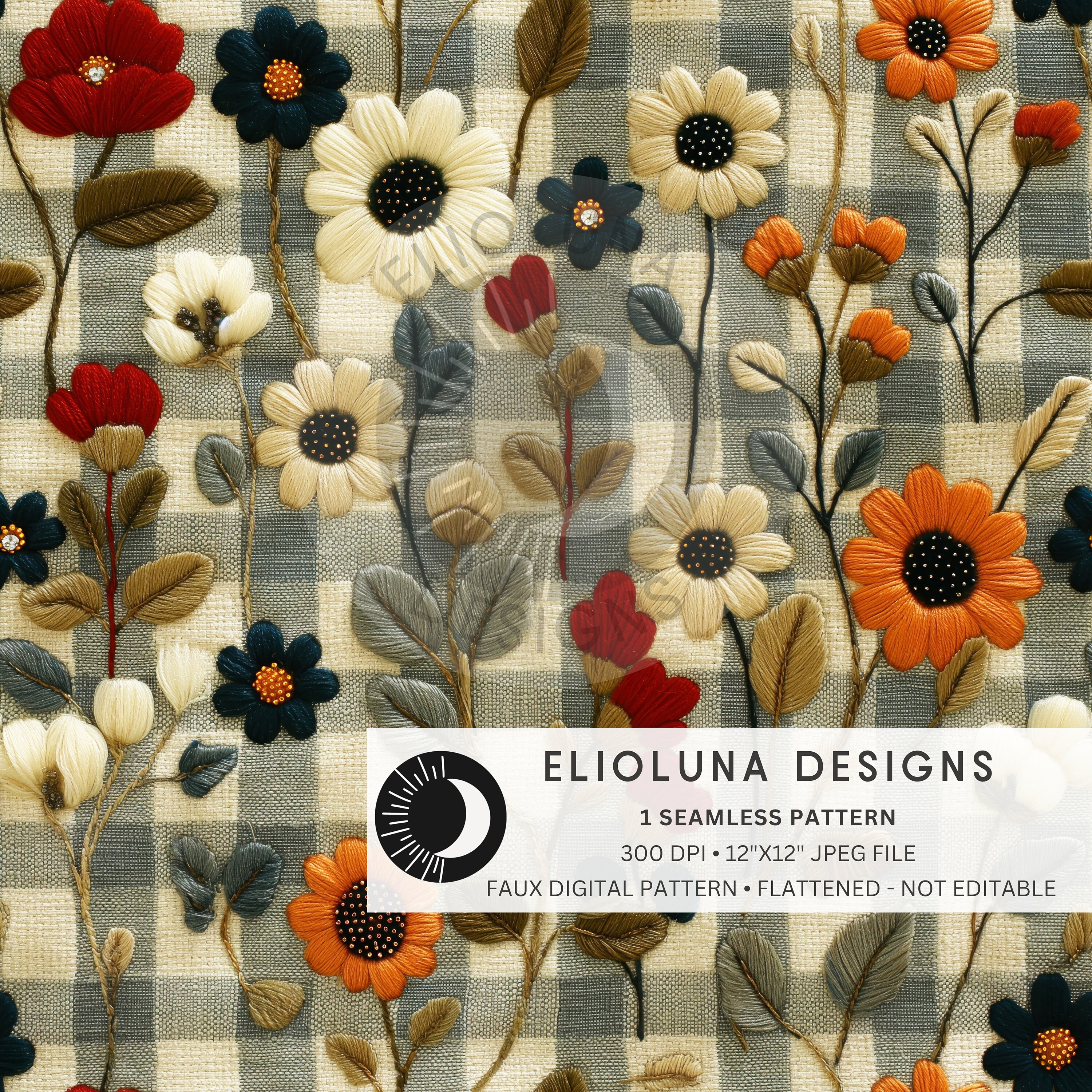 Fall Floral Pattern Digital Paper 3D Faux Embroidery Fall Floral Plaid ...