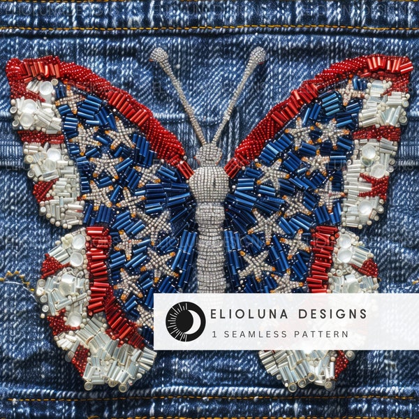 4th of July Denim Butterfly Seamless Pattern Patriotic Digital Paper Pattern Butterfly Sublimation Embroidery American Pattern Butterfly