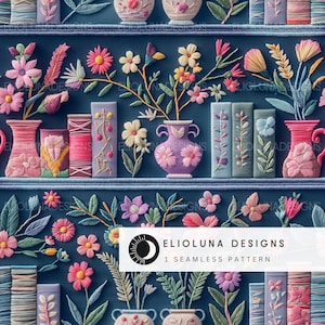 Floral Bookshelf Faux Embroidery Digital Seamless Pattern 3D Book Floral Pattern Seamless Digital Printable Seamless Fabric Pattern File
